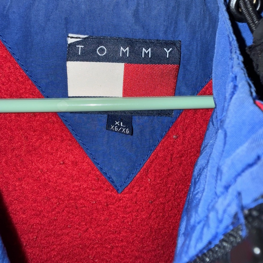 VTG 90s Tommy Hilfiger Jacket XL Colorblock Spell Out Flag Hooded Fleece Lined - Picture 2 of 10